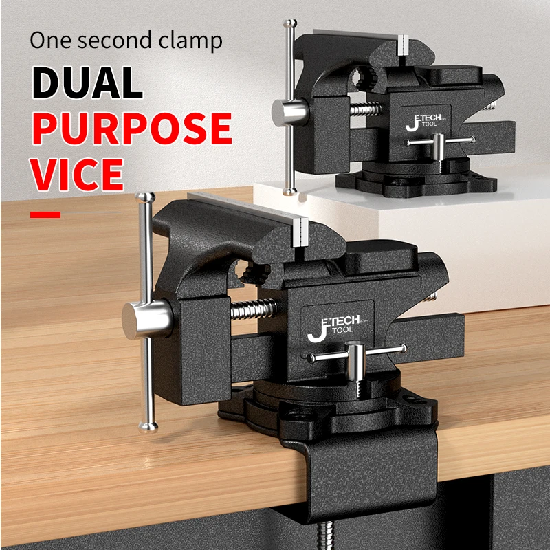 Multi-purpose cast iron bench vise with rotary base and adjustable anvil rotation