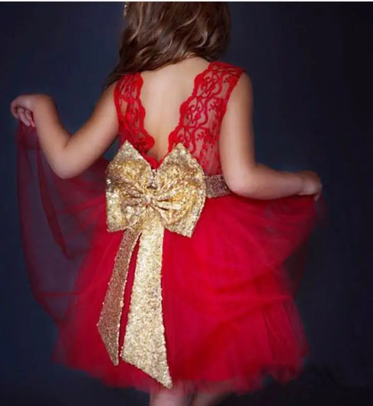 Wholesale Fashion 2018 Golden Big Bow Backless Princess Cute Little Girl kids Party Dress
