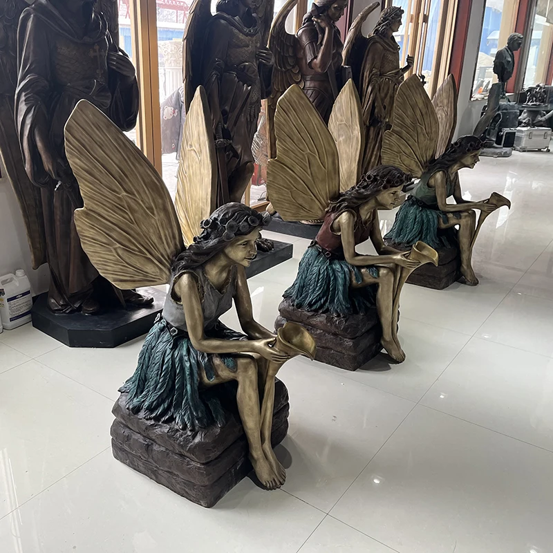 MUSI Bronze Outdoor Waterfall Fairy Girl Statue Bronze Art Fountain Sculpture with Solar Water Fountain for Sale