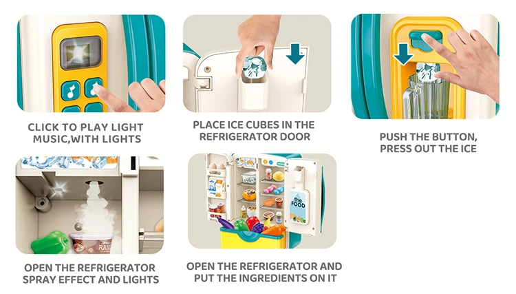 Plastic multiple function refrigerator spraying refrigerator with sound and light play house kitchen toy set