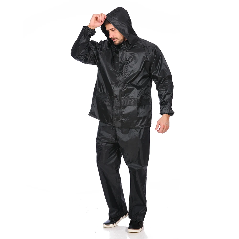 High Quality Raincoat Black Color 170t Polyester Mens Reflective Double Layer Rainsuit With Mesh Lining