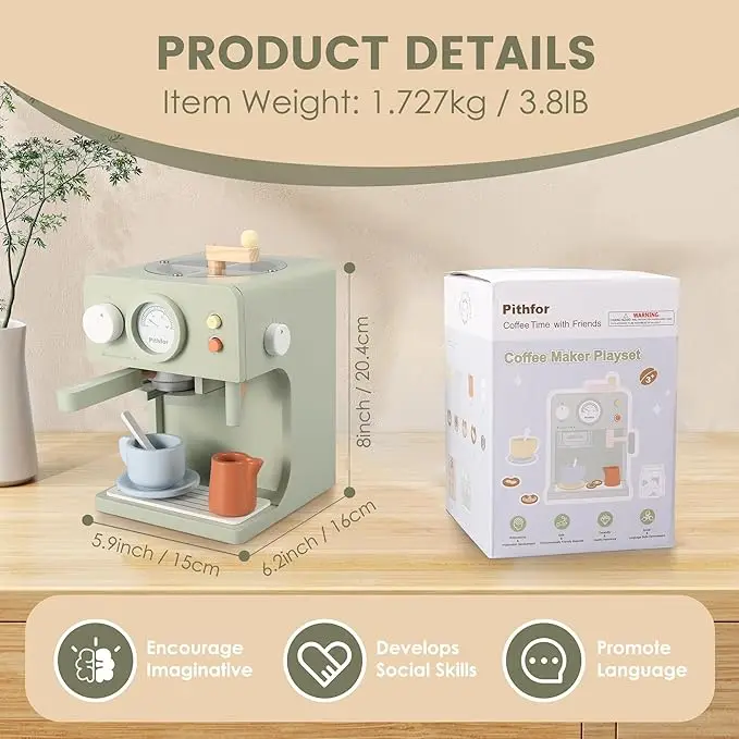 Wooden Coffee Maker Toy with Grinder  Pretend Play Kitchen Appliances & Accessories Toy Gift for Kids Toddlers