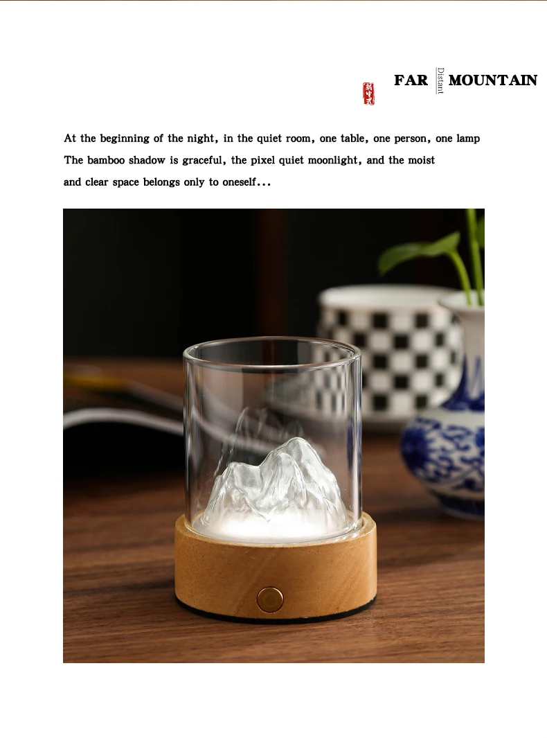 3D Glass Wooden Bottom LED Bar Light Rechargeable Touch Three-color silver Mountain View Mountain Listening Sea Night Light