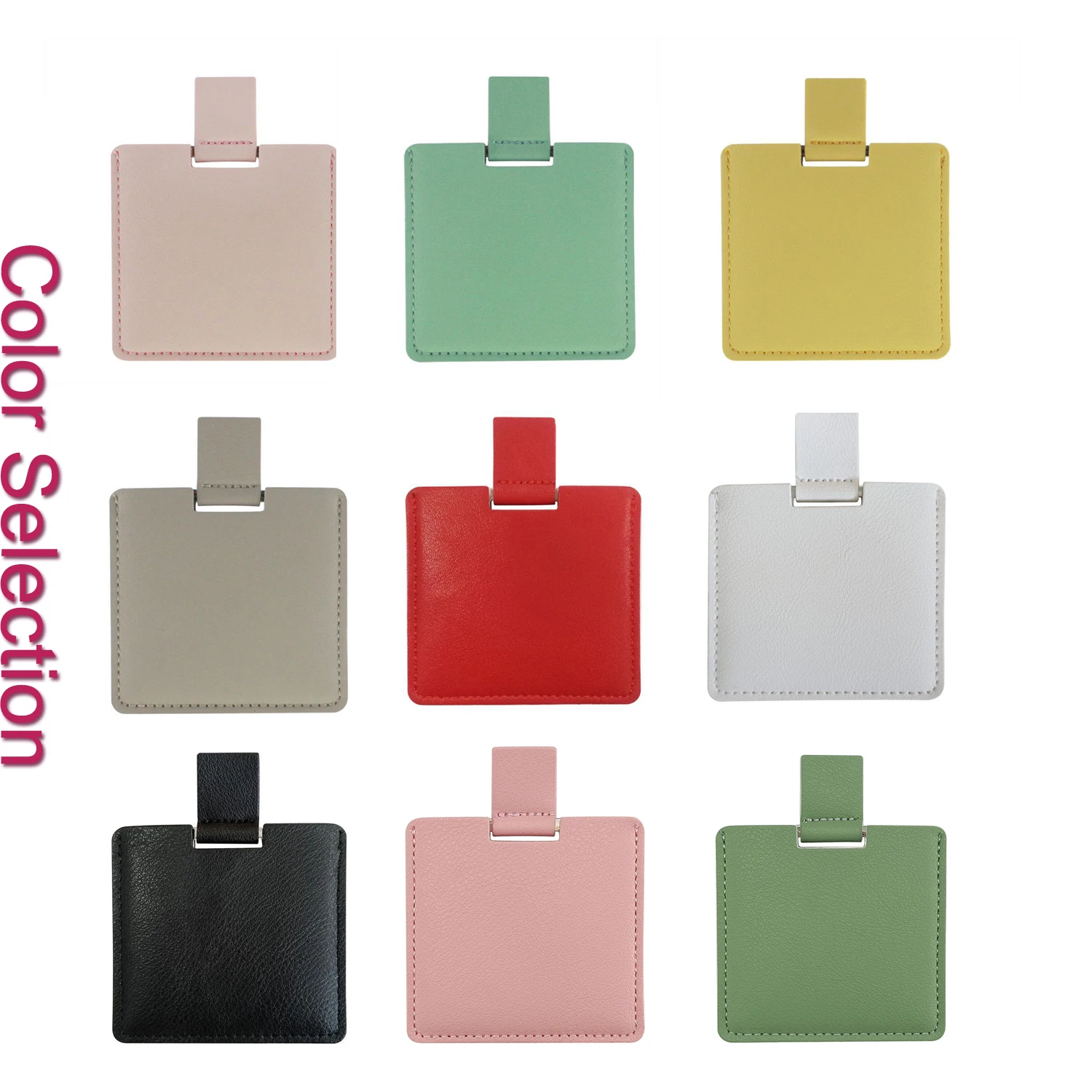 Mauri  Wholesale Pink Square Pu Pocket Mirror Embossed Travel Stainless Steel Metal Small Cosmetic Mirror with Pu Leather