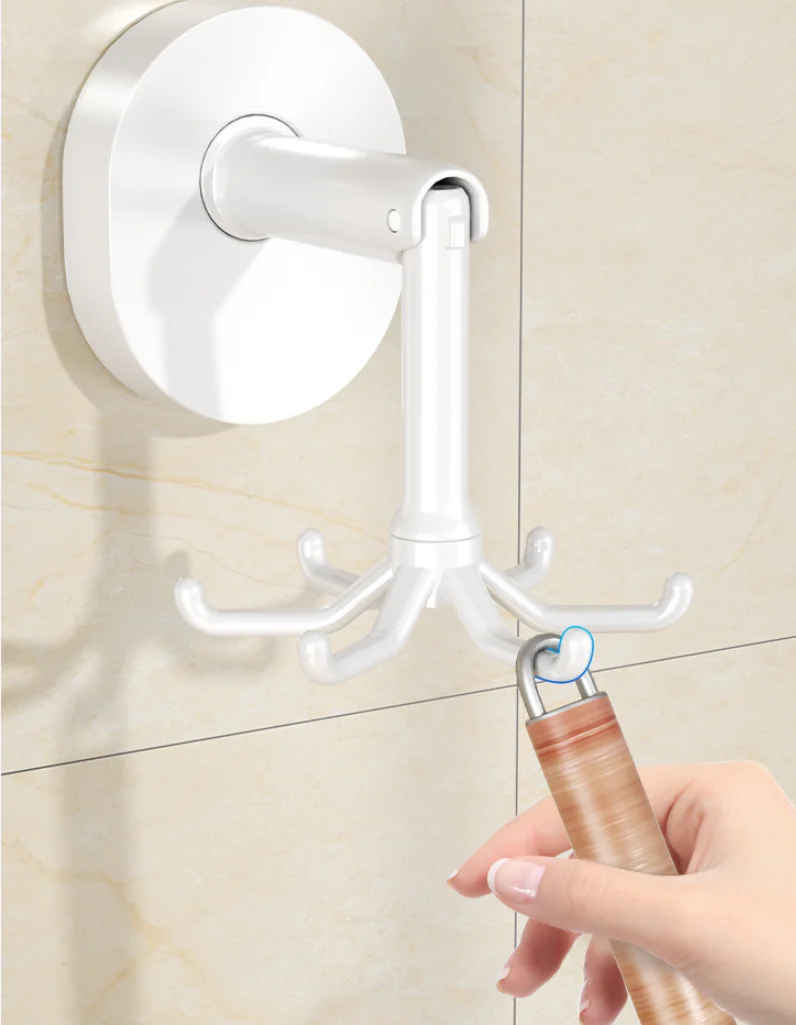 White Multi-purpose Vacuum Suction Cup Kitchen Hanging Hooks 360 Degree Rotating Folding Hook with 6 Hooks for Kitchen Bathroom