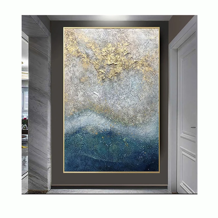 100% Handmade Circle Line Silver Golden Abstract Modern Thick Oil Painting On Canvas Handpainted Textured Wall