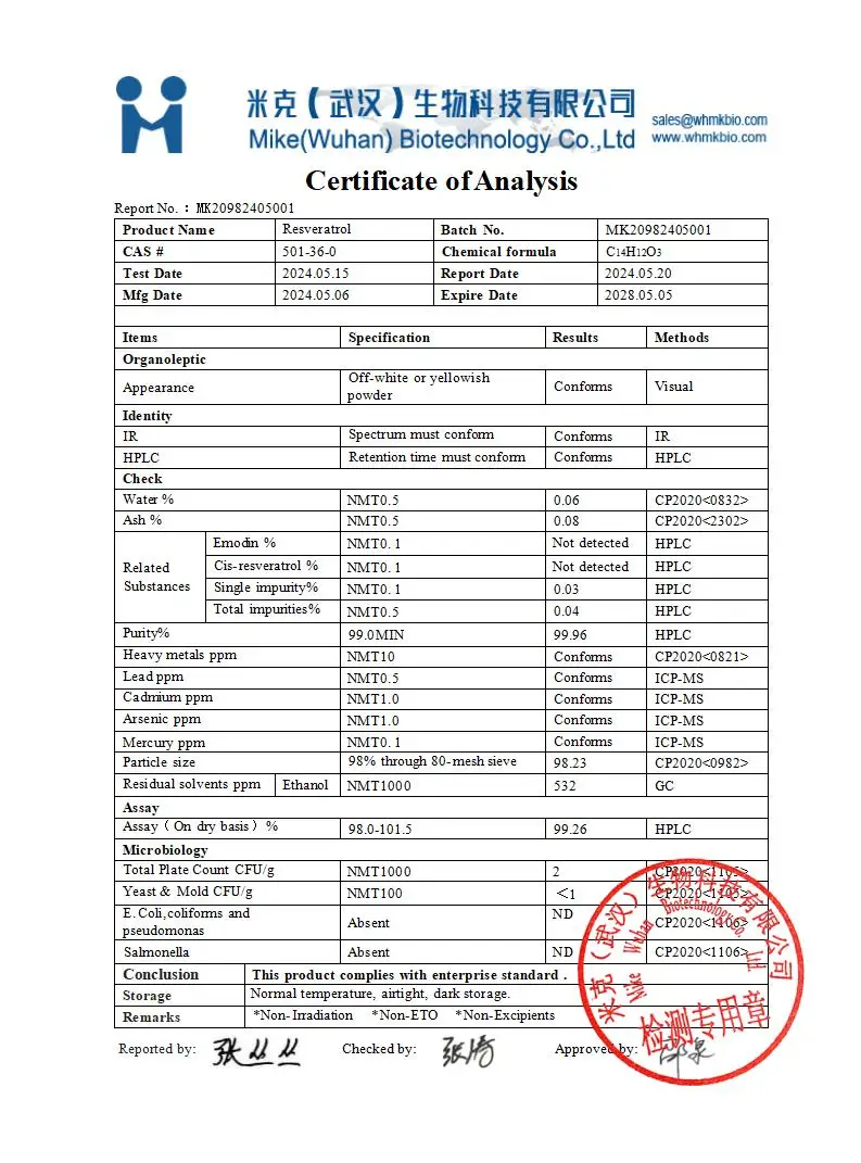 Wholesale Bulk CAS 501-36-0 Trans-Resveratrol 98% 99% Trans Resveratrol Resveratrol powder