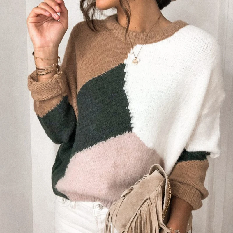 2020 new arrivals winter collection women new fashion long sleeve contrast color sweater pullover for ladies new fashion