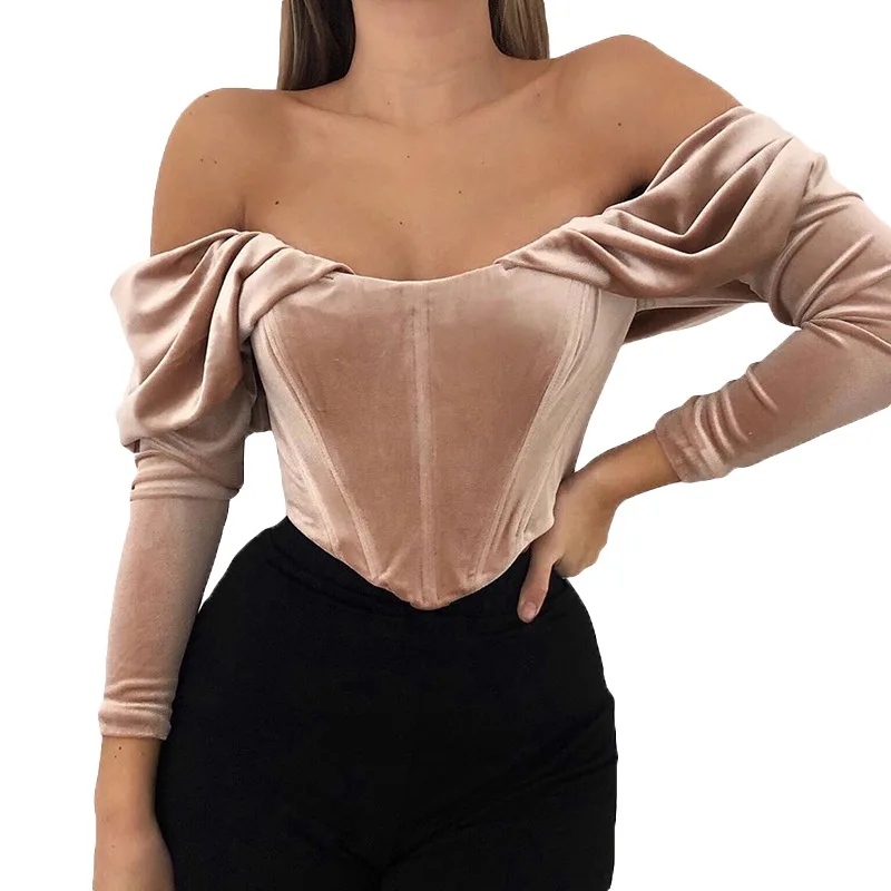 2021 New arrivals polyester velvet sexy off shoulder women corset blouse