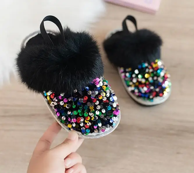 2024 new Winter flat slip on indoor furry slippers sequins fur cotton shoes children girls fuzzy plush house slippers