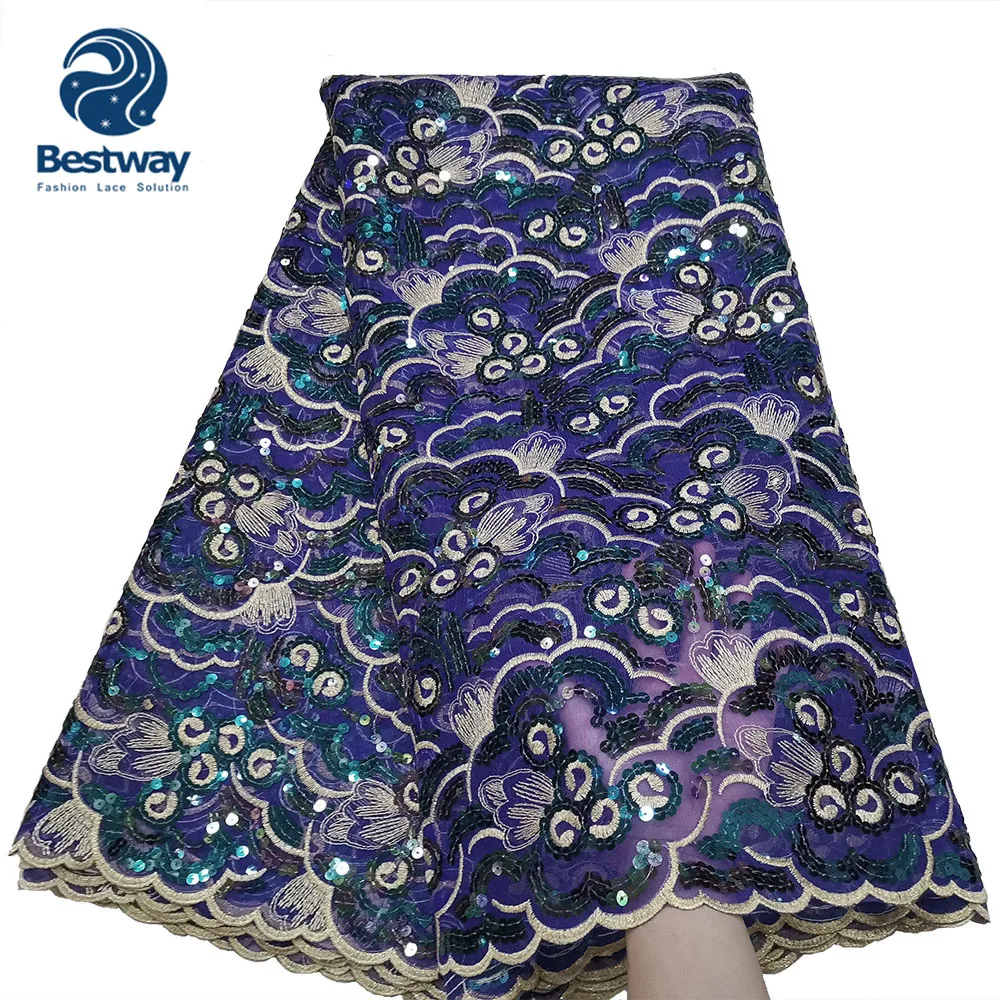 Bestway Sequined Lace Net Fabrics Nigerian Embroidered Lace Fabric for Party Dress