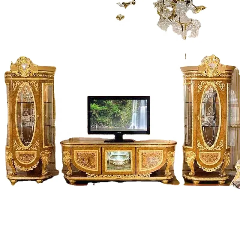 italian classical livingroom furniture wood carved flowers handmade luxury royal Tv unit and cupboard cabinet