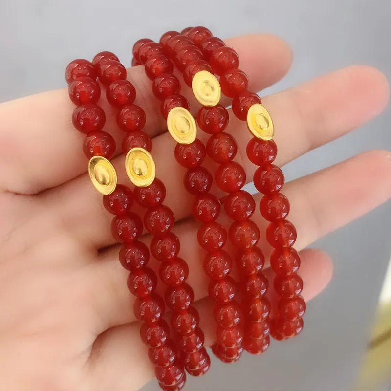 Gold Jewelry Real 999 Thousand Gold Ingots 6MM Red Agate Bracelet Certificate Detection Men and Women Bracelets