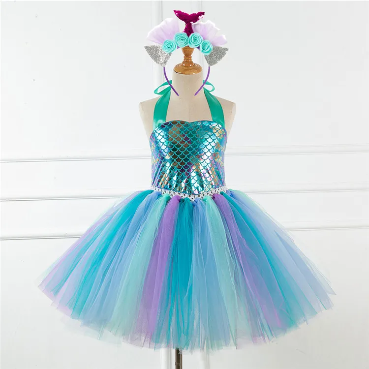 Girls Cosplay Mermaid Tutu Dress Birthday Costume for Girls 2-12 years