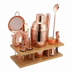 Amazon hot sale rose golden bartender kit bamboo stand bar tool cocktail shaker set