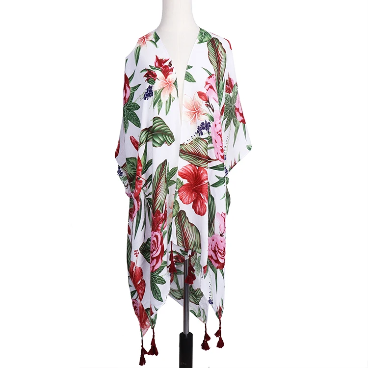 Oversized floral ruana with tassel female flower print spring kimono women polyester print blouse kimono