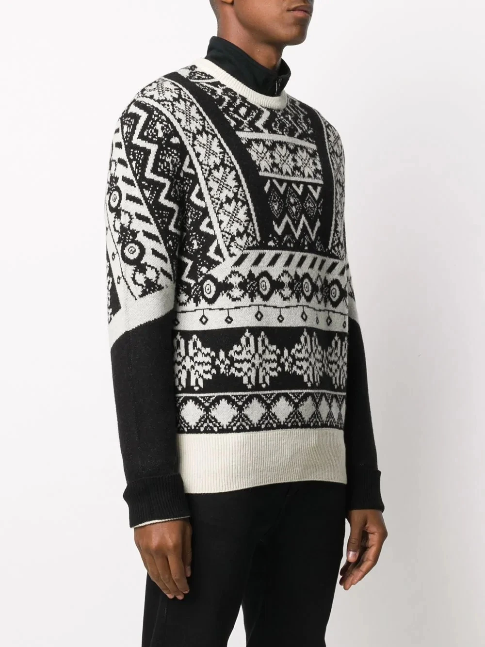 Fashion Designer Casual Custom Logo Men Pattern Sweater Fair Isle Print Black Knitted Crew Neck Pullover Winter Sweater