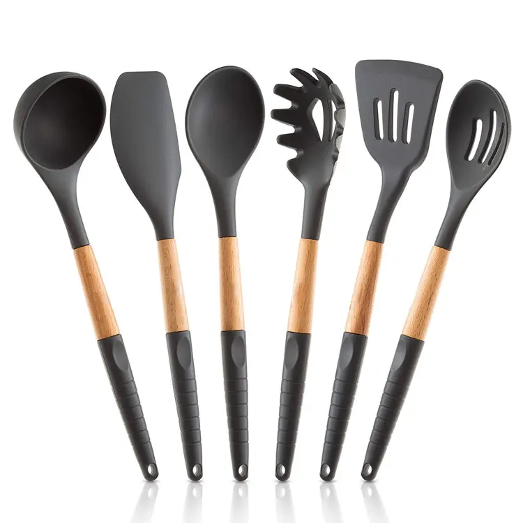 Natural Wood Kitchen Utensils 6 pcs Eco Friendly & BPA Free Non Stick Silicone Cooking Utensils Set