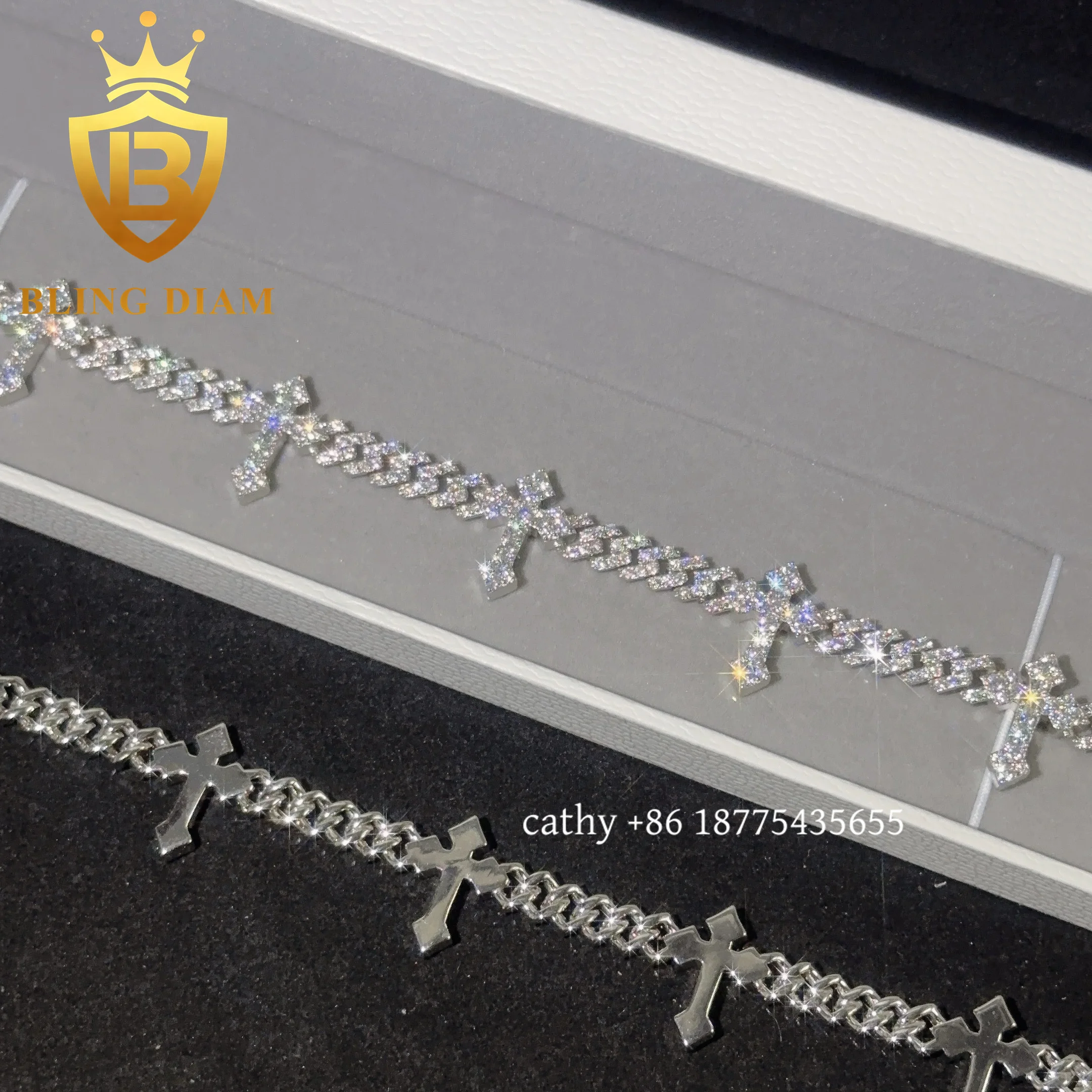 Solid Silver 6mm Cross Hip Hop Cross Cuban Bracelet for men women Fashion Moissanite  Cross Cuban Link Chain Bracelet