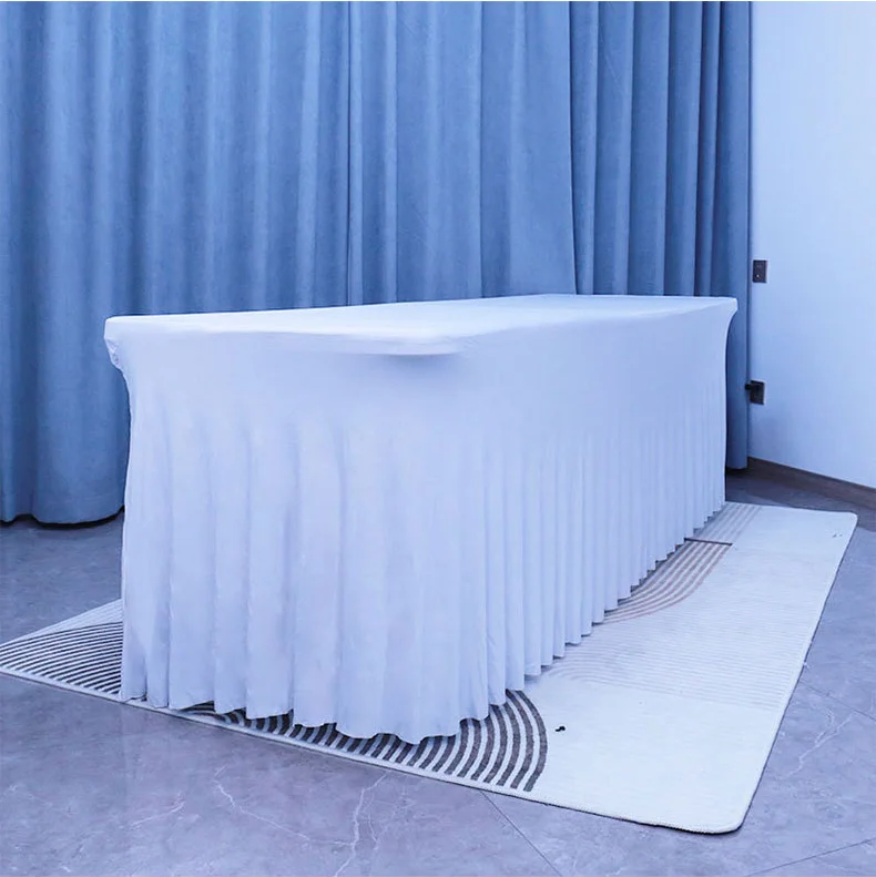 Polyester Rectangular Fabric Blue Stretcher Table Skirt 60 Pair Birthday Table Skirts For Wedding Party Table 90 Round Stretcher