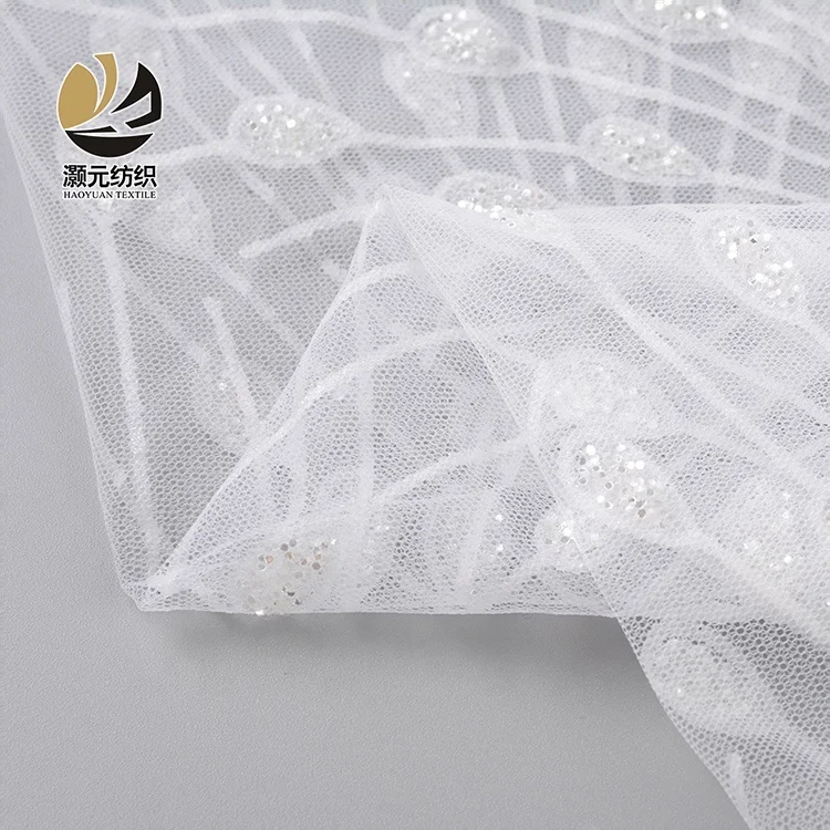 100% polyester fancy design silver glitter wedding white sequin tulle mesh fabric