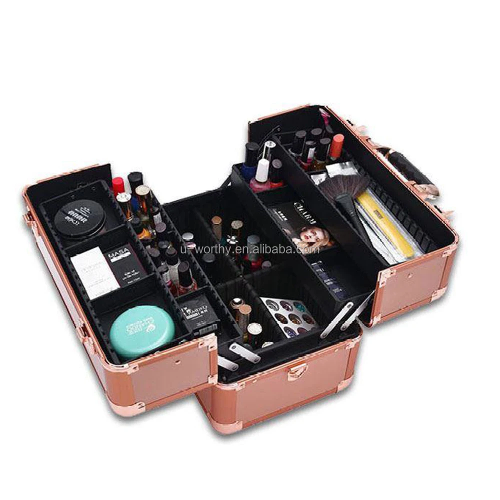 Instock Ready to Ship Easy Carrying Silvery Golden Color Multilayers Aluminum Cosmetic Case Vanity Case Make Up Case with Trays