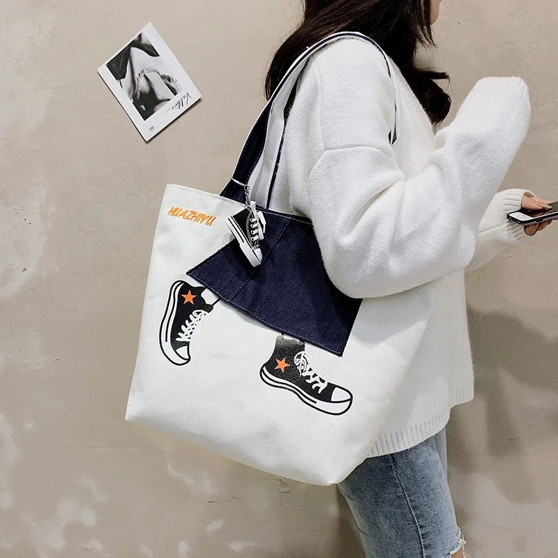 Large Capacity Individuality Inner Patch Pocket Embroidered Letter Logo Canvas Weekend Ladies Satchel Handbag Shoulder Tote Bag