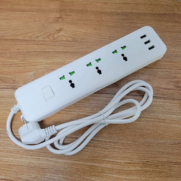 10A 2500W  110-250V 2-meter long universal hole outlet power strip with 3 USB ports for household use