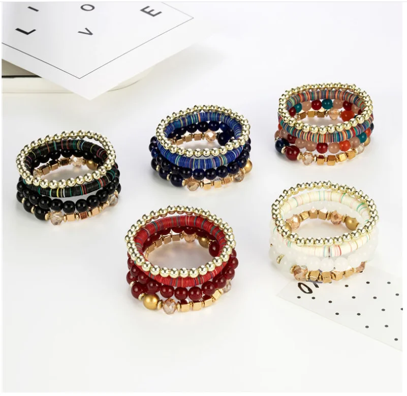 2022 Factory Custom Trendy Colorful Boho Clay Beaded Womans Bracelet Jewelry Sets Wholesale