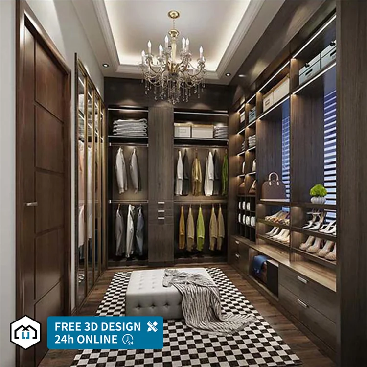 Walk in wardrobe closet with rotating shoe rack in Amoires design