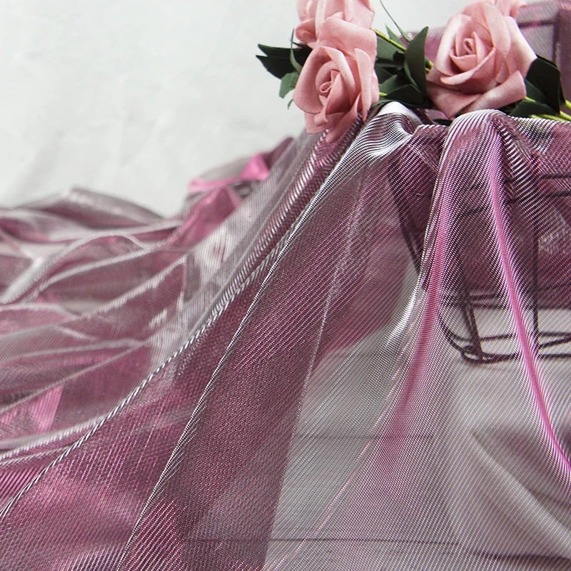 Pink Iridescent Mesh Fabric for Wedding , Color Changing Lurex Tulle Wholesale