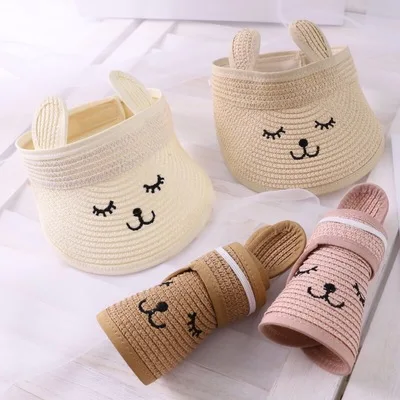 Children Cat Rabbit Ear Empty Top Straw Hat Casual Shade Sunscreen Kids Beach Sun Hats Visors Cap