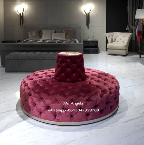 hotel lobby sofa fancy red wine color velvet upholstered button tufted stool ottoman for bedroom big round shape velvet sofa