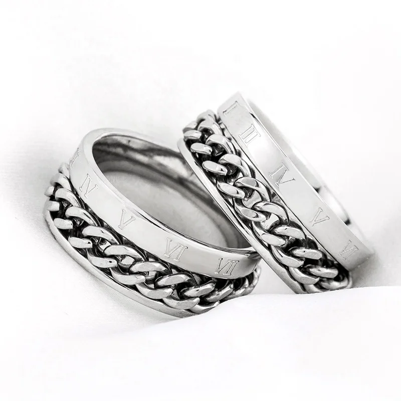 Retro Fashion Hip Hop Men And Women Waterproof Stainless Steel Roman Numeral Rotating Chain Rings For Couple Wedding Jewelry