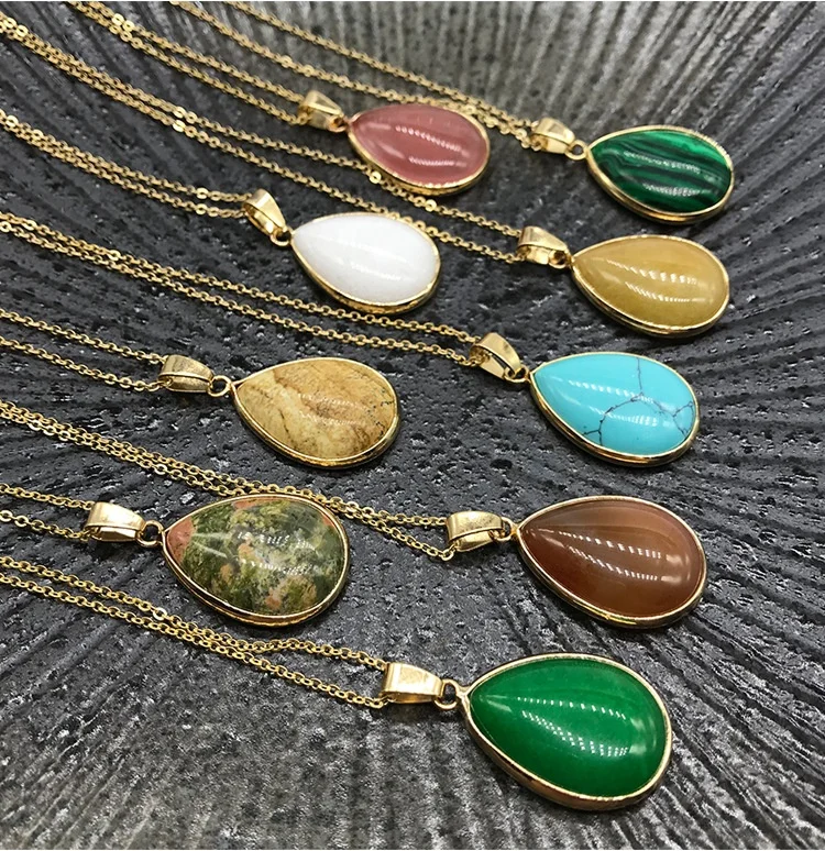 Semi-precious stone agate crystal agate edging drop pendant golden necklace