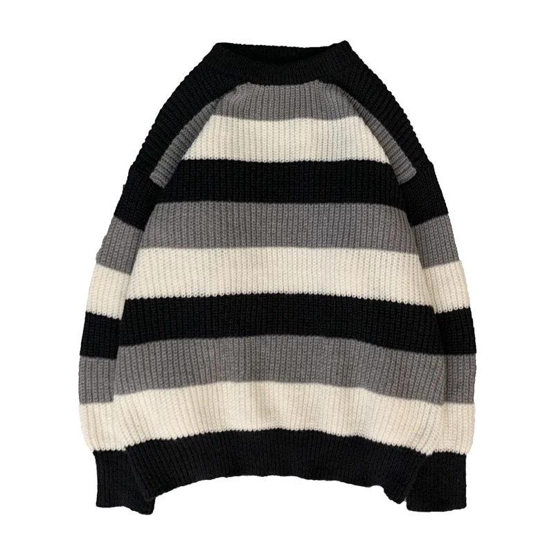 New Japanese Trendy Casual Loose Bottoming Wool Sweater for Men Clashing Color Striped for Spring and Autumn