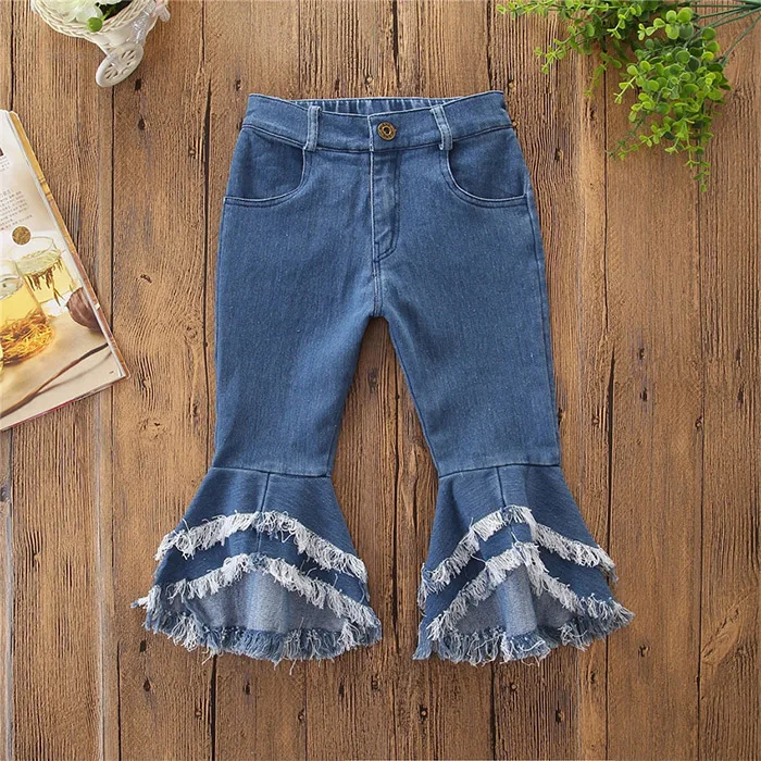 
Wholesale Customized Children Pants Denim Flared Blue Jeans for Girl Leopard Ruffle Ripped Jeans 