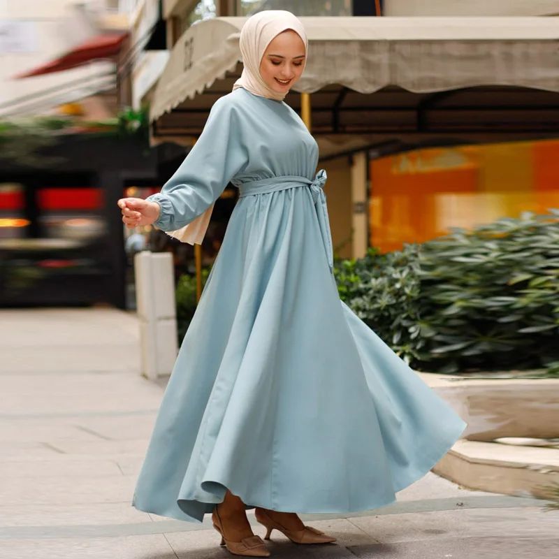 New fashion womens plus size casual elegant long sleeve loose tunic lace up muslim maxi  dress