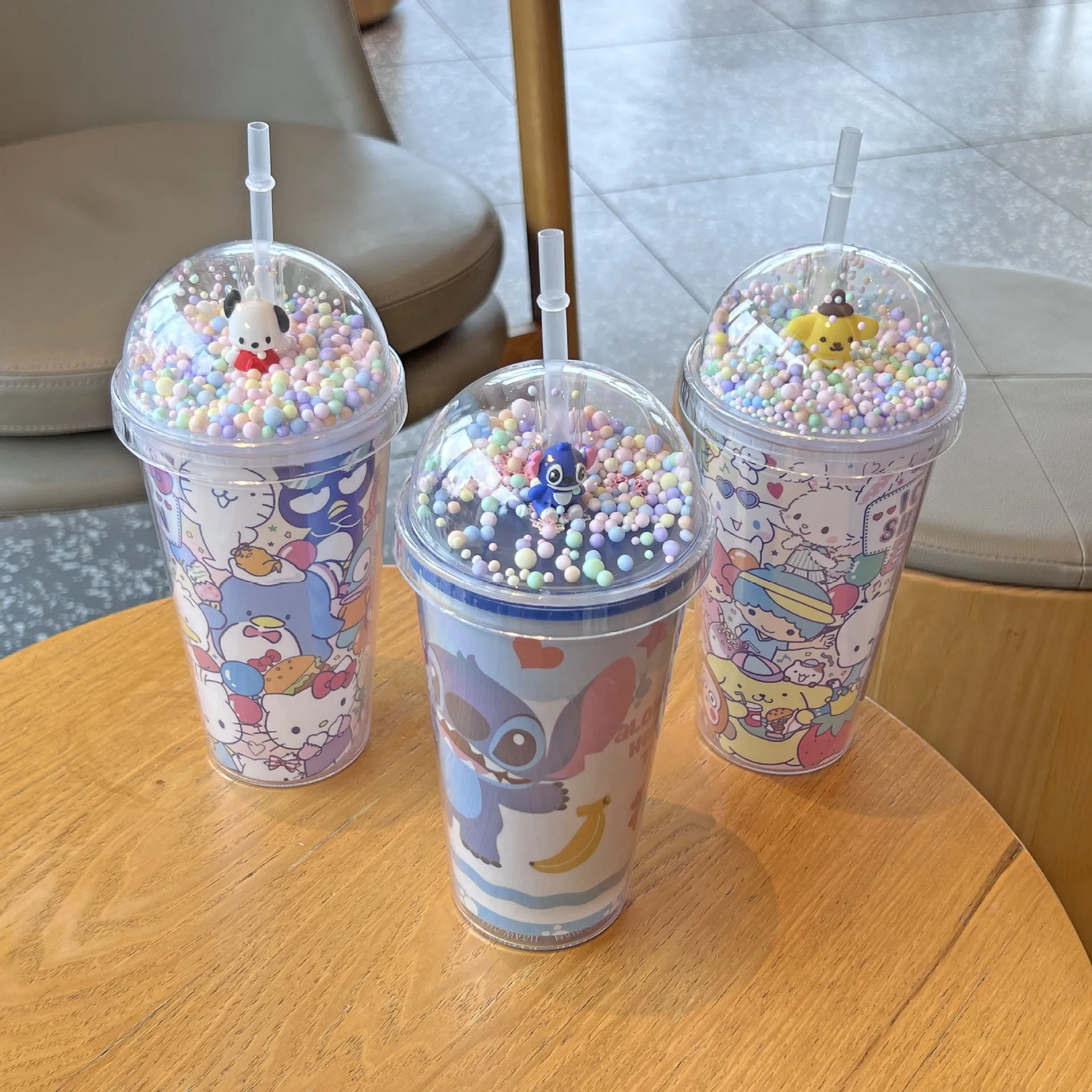Stitch plastic water cup with straw kids cartoon character drinking cups with straws