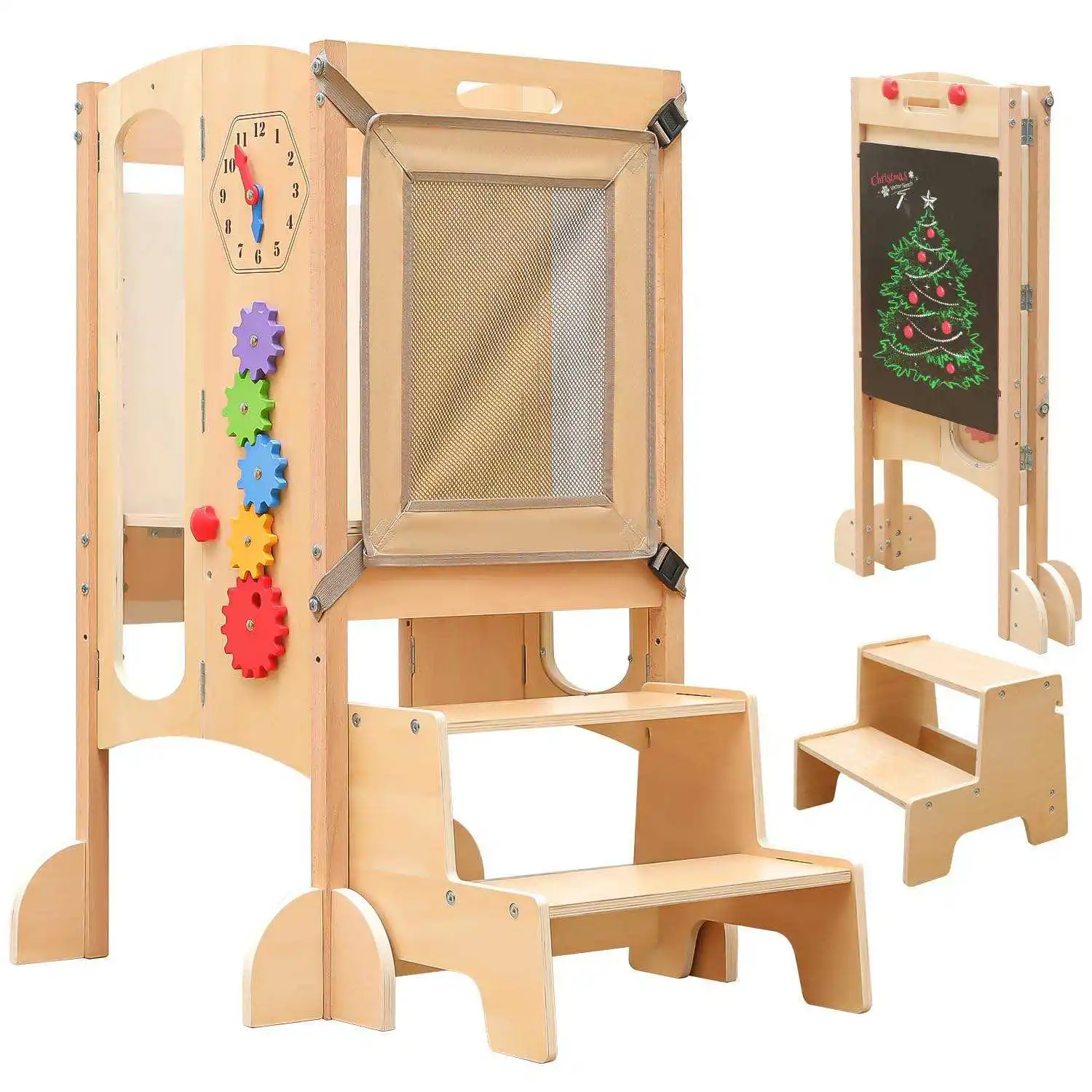 Customize Wooden Fold Kitchen Stool Helper Toddler Stepping Stool Learning Tower with Chalkboard
