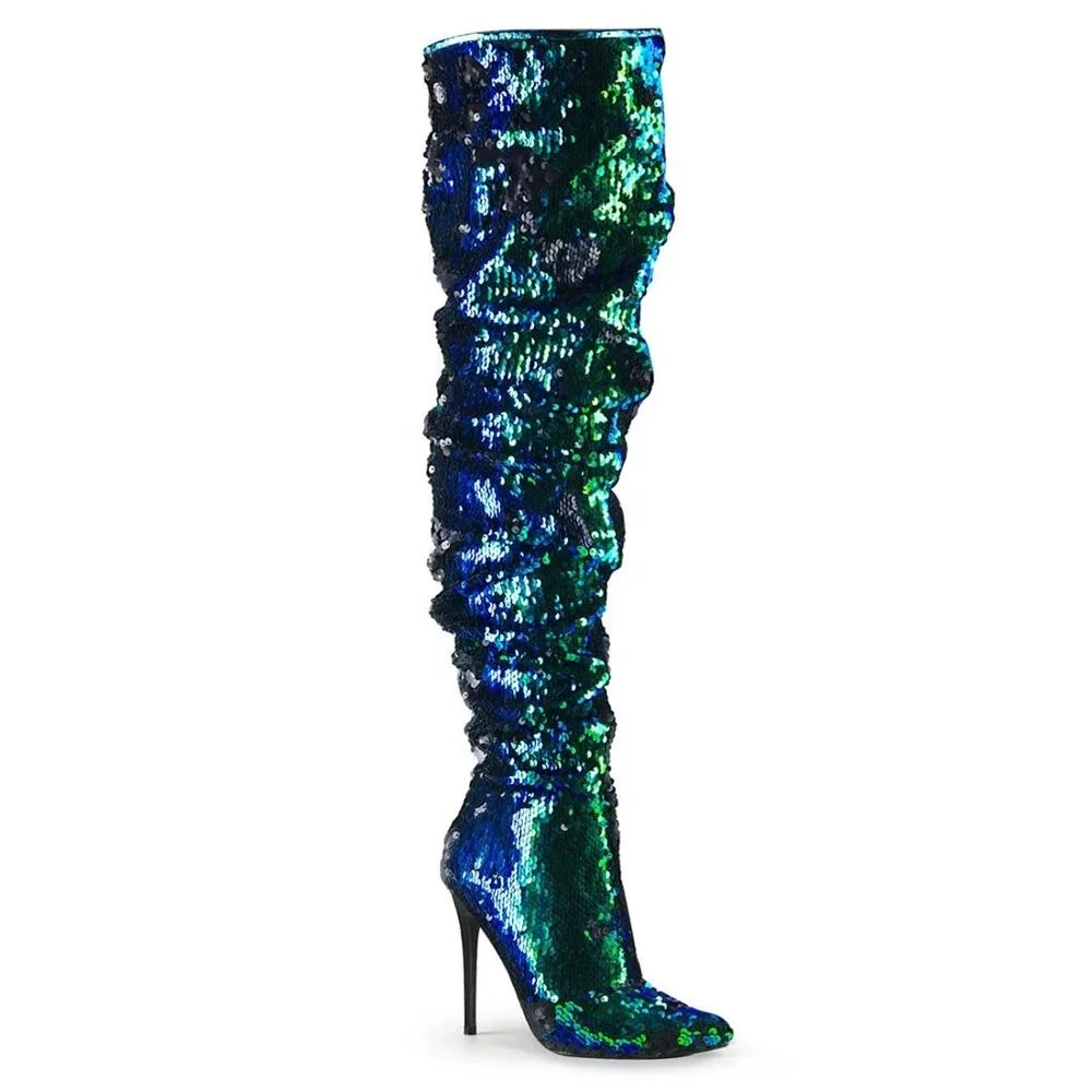13cm sexy pointy glitter embellished over-the-knee boot pointy high heel 1/3 inside zipper pole dance shoes