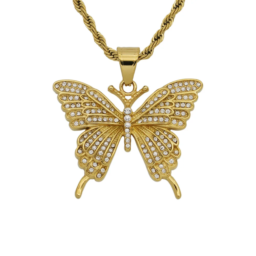 High quality gold plate pave crystal stainless steel butterfly pendant