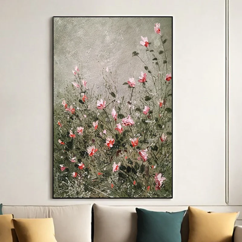 Hand Painted Cotton Canvas Wall Art Vintage Wildflower Field Landscape Hand Made Oil Palette Knife Painting For Decor