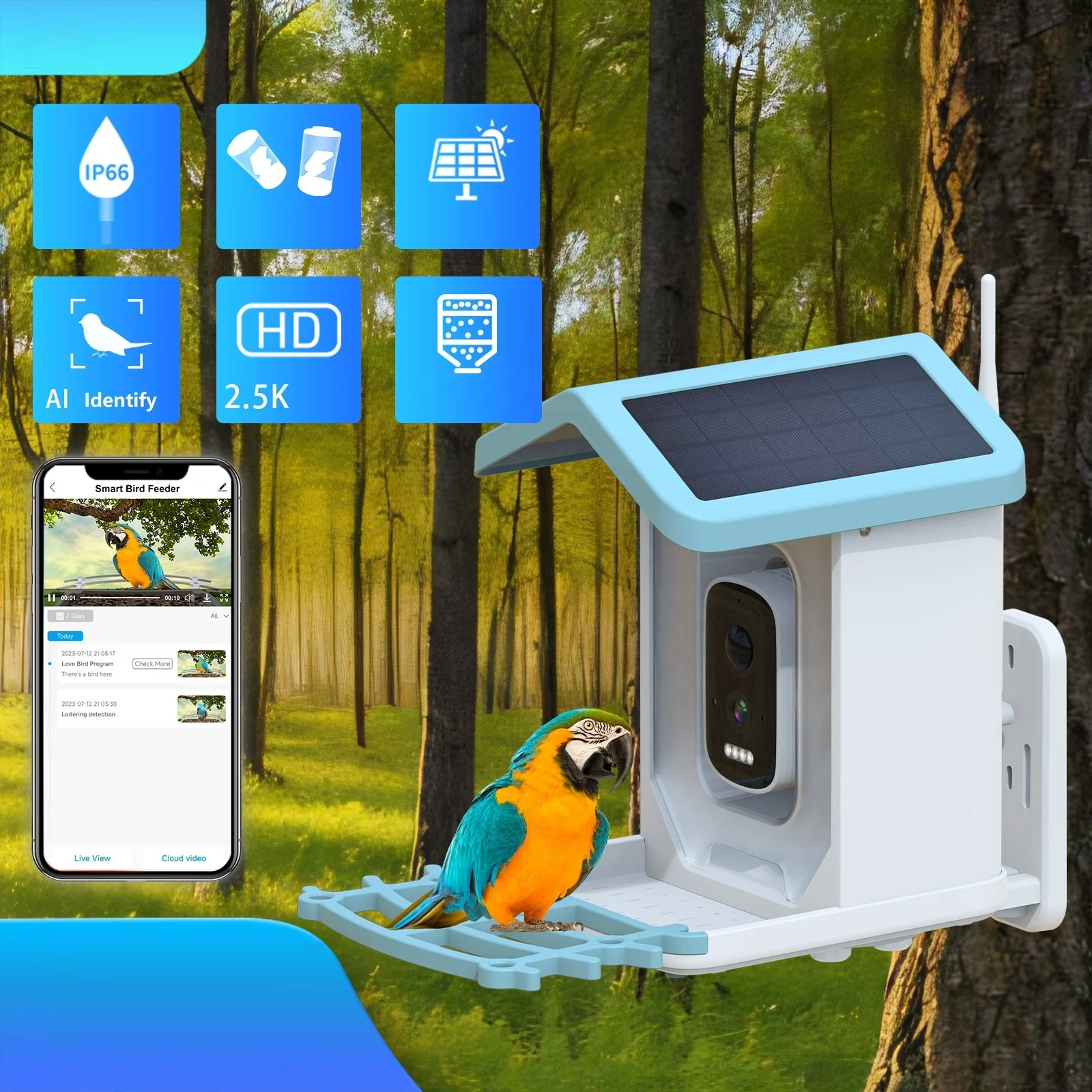 Solar Powered 1080P HD Live Video Playback on Phone AI Identify +10,000 Bird Species 2.4G WiFi Smart Bird Feeder For Outdoor