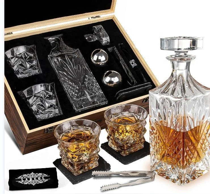 Top Seller Whiskey Decanter wood box set and 2 Old Fashioned Whiskey Glasses with whiskey metal ice ball stones ice tong