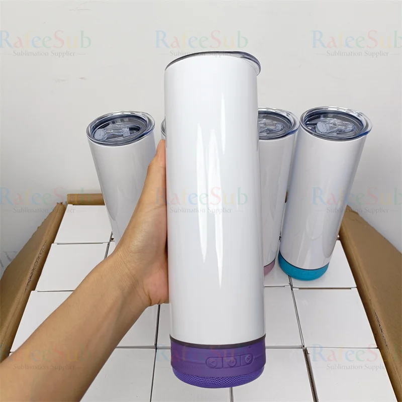 USA Warehouse Colorful 20oz Skinny 20 oz Straight Heat Press Printing Blank Sublimation Music Tumbler Cup with Wireless Speaker