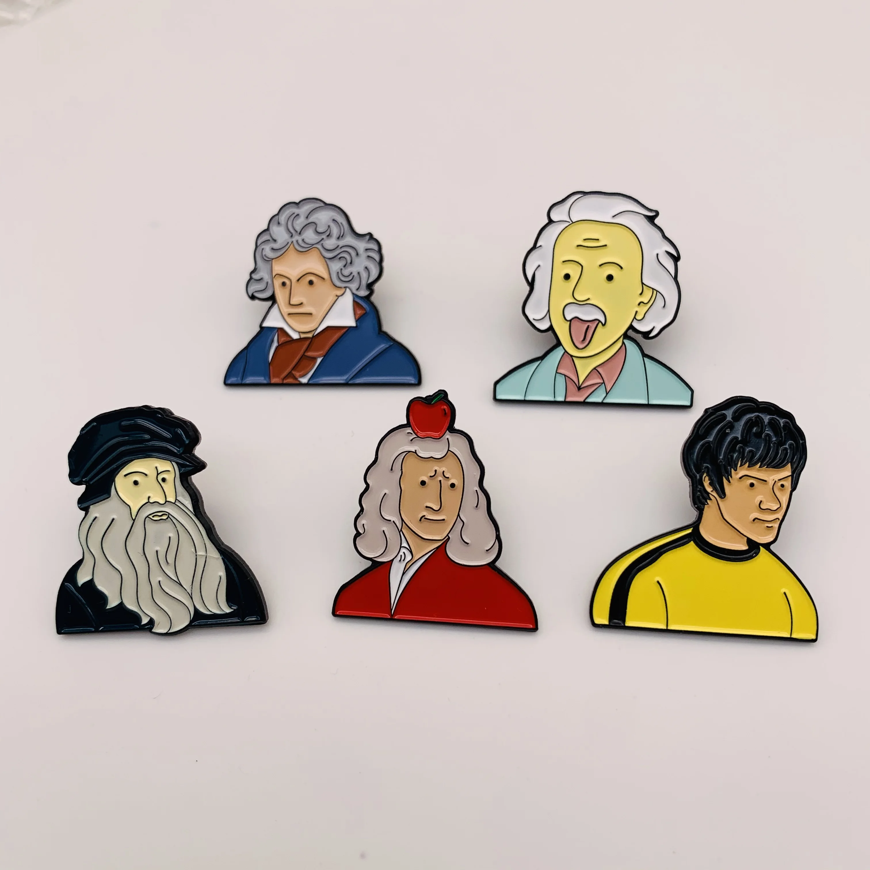 Wholesale Famous Portraits Lapel Pins Einstein Beethoven Newton Apple Dragon Li Enamel Pins