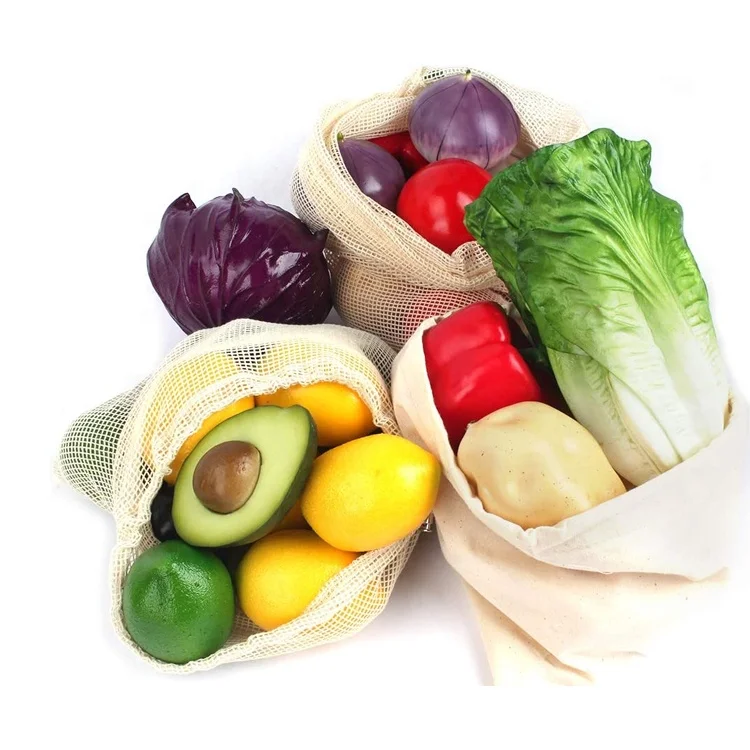 Produce Supermarket Shopping Tote Reusable Cotton Mesh Bag For Vegetable Fruit
