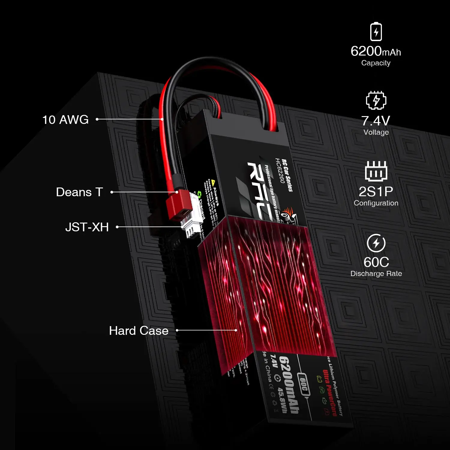 2S 6200mAh 7.4V 60C Hard Case Lipo RC Car Battery Pack with T Deans Connector for 1/8 1/10 RC Car RC Monster Truck Truggy Buggy