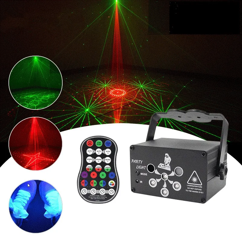 Портативный RGB светодиодный лазерный проектор USB Перезаряжаемый 6 отверстий свет партии с дистанционным управлением Светодиодный проекционный луч света